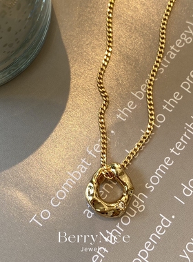 欧美锆石镶嵌环形吊坠项链女 黄铜18k金项链法式复古气质锁骨链