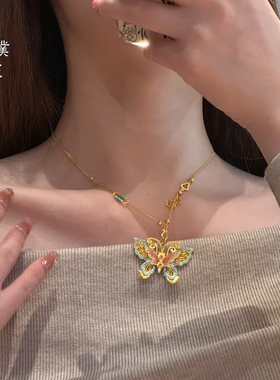 珐琅彩镂空花丝蝴蝶项链2025新款彩色烧蓝吊坠高颜值送女友礼物