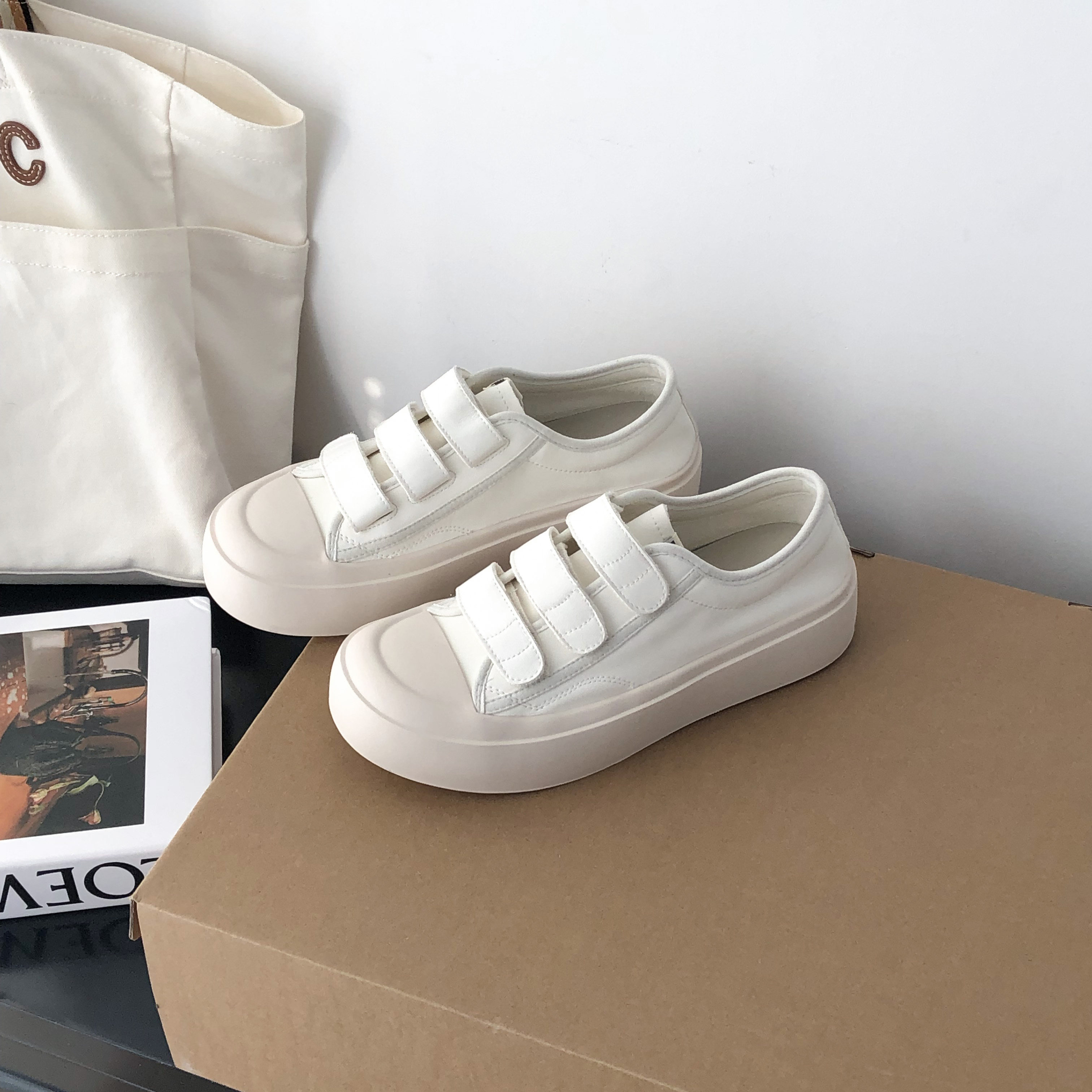 魔术贴软皮板鞋女2026年春新款厚底小白鞋真皮韩版舒适学生休闲鞋,淘宝优惠券,粉丝福利购,淘宝优惠卷