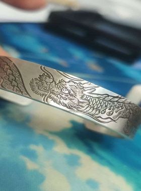 桥本古法龙纹手工龙手镯复古风錾刻Takeshio Hashimoto925银