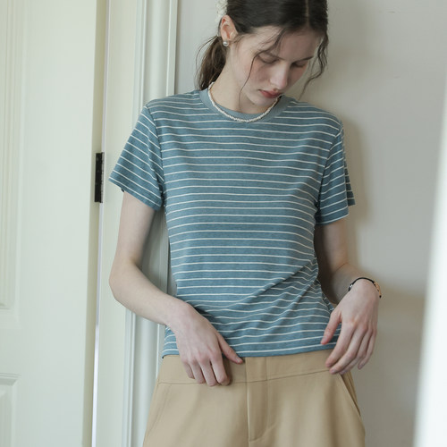 春也白 复古圆领松弛感莱赛尔条纹短袖T恤女夏款百搭显瘦正肩上衣 - 图2