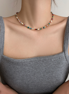 天然石淡水珍珠彩色串珠项链