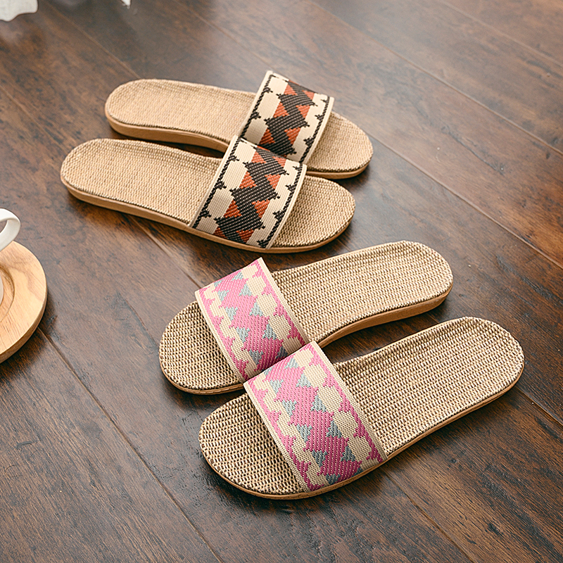 夏季情侣居家凉拖鞋室内木地板防滑轻便透气防臭家用女士亚麻拖鞋 - 图0