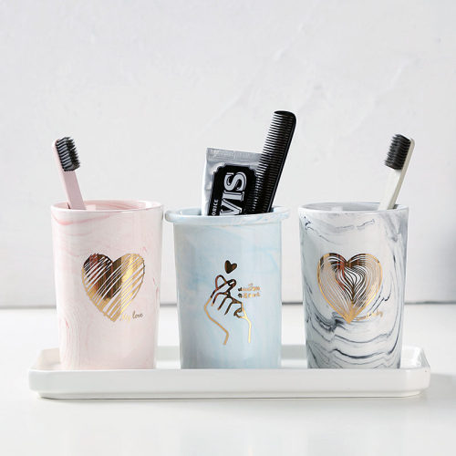 北欧INS大理石洗漱杯陶瓷情侣漱口杯套装创意刷牙杯三口浴室牙缸 - 图0
