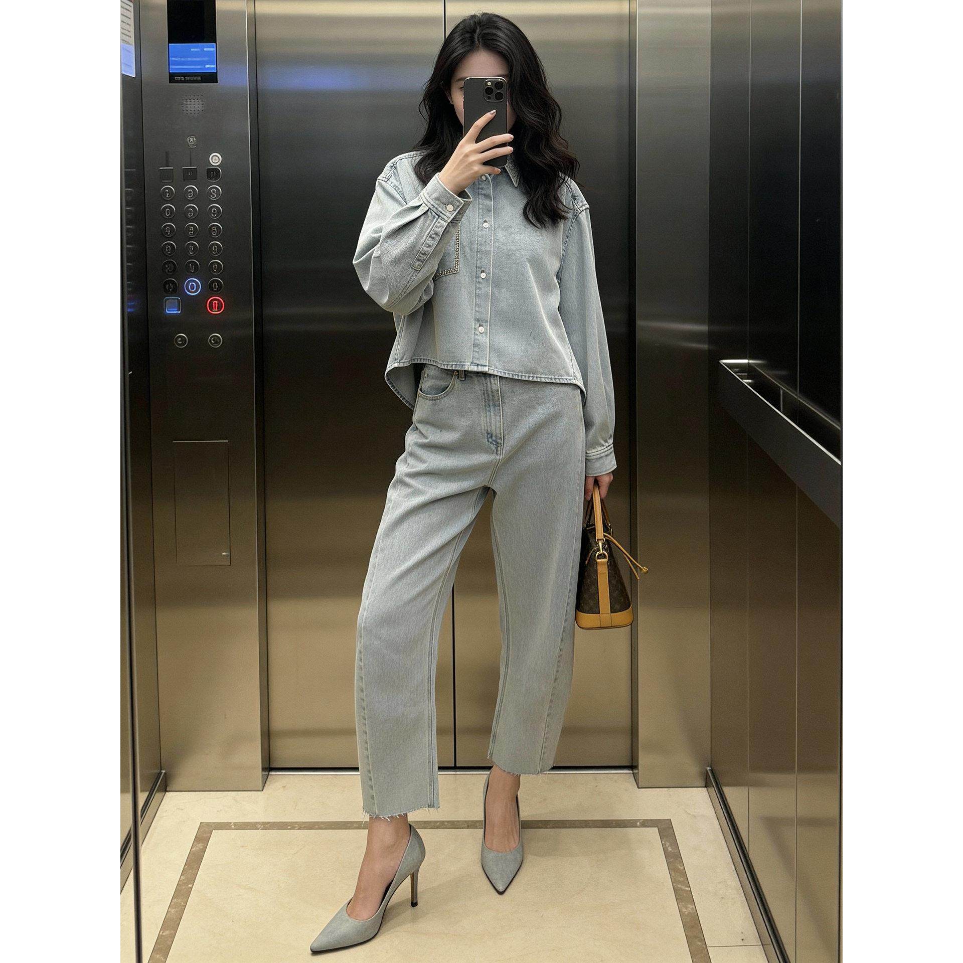 法单S家 2026春季法式设计感Polo领钉钻蓝色牛仔衬衫女上衣外套,淘宝优惠券,粉丝福利购,淘宝优惠卷