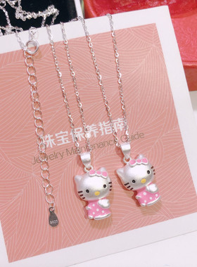香港正生纯银s925大版粉kt猫项链女儿童卡通可爱红书甜美抖音同款