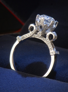 S925银版群镶圆形皇冠花杯戒指结婚高仿钻戒指女手饰