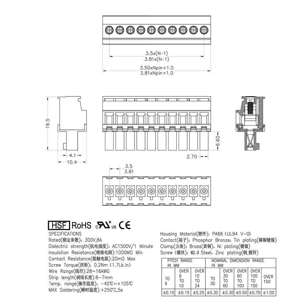 3.5mm插拔式PCB接线端子排15EDGKB/EC350RL/KF2EDGKB/MCVW1.5 ST-图2