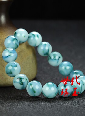 新疆和田玉手链青花玉手饰男女款天然玉石14mm圆珠子手串配珠正品
