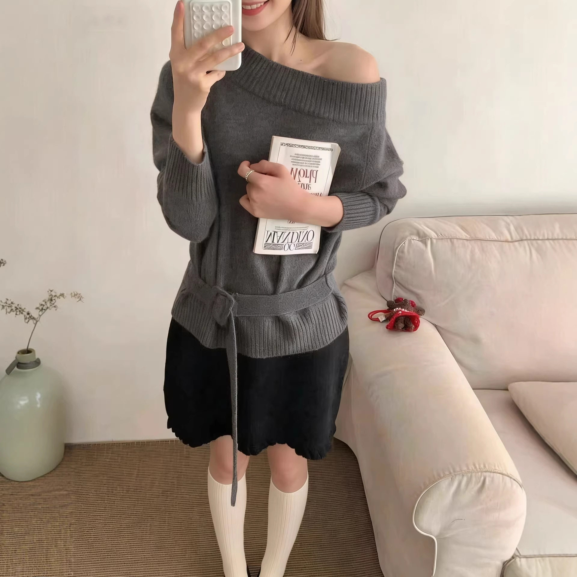 灰色欧洲站冬季女一字领羊驼绒系腰带显瘦羊毛针织衫毛衣女外套KJ,淘宝优惠券,粉丝福利购,淘宝优惠卷