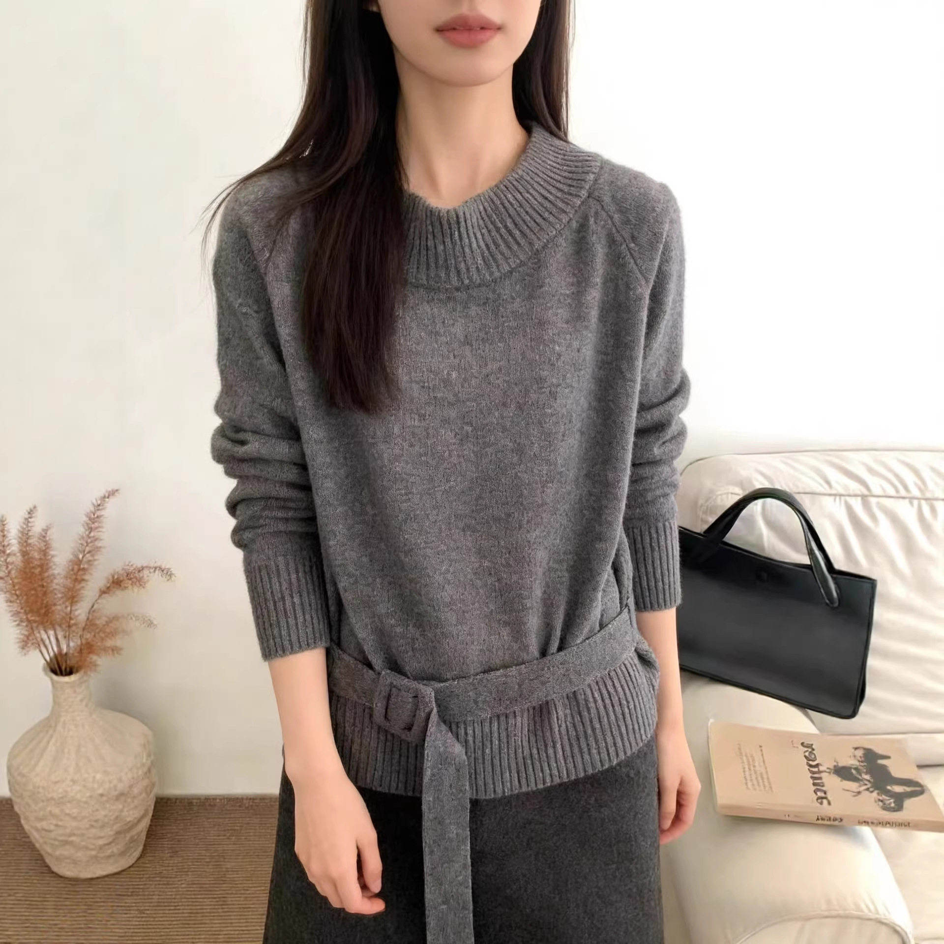 灰色欧洲站冬季女一字领羊驼绒系腰带显瘦羊毛针织衫毛衣女外套KJ,淘宝优惠券,粉丝福利购,淘宝优惠卷