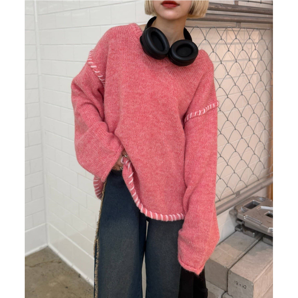 日单w cl0s*t纯原2025秋冬新品优雅气质宽松慵懒风拼接针织毛衣 - 图0