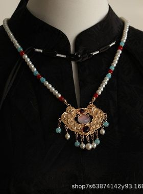 儿童璎珞古风珍珠项链汉服马面裙配饰古装毛衣链新中式如意锁项圈