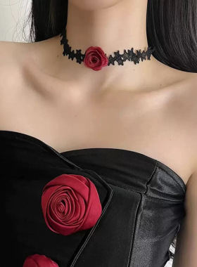黑白色花朵颈链玫瑰花choker颈花颈带项链女脖子项圈山茶花锁骨链