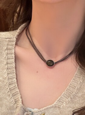 复古皮革虎眼石项链女中式叠戴choker小众颈链百搭气质锁骨链配饰
