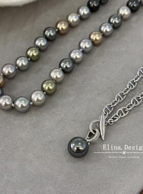 简约轻奢清冷风莫兰迪混彩绿棕色系珍珠项链猪鼻项链毛衣链颈链