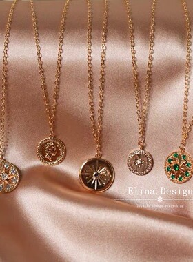 许愿硬币简约美国14k包金chic风ins幸运罗盘轻奢小众项链女锁骨链