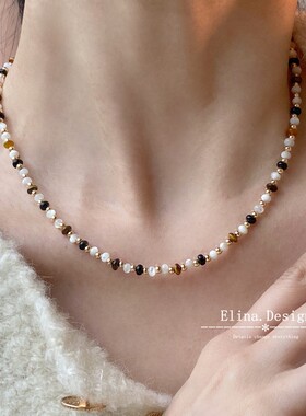 高级天然金色轻奢复古项链黑玛瑙