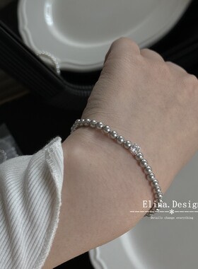 轻奢精致施家小米粒珍珠手链女小众法式S925纯银方糖百搭手串戒指