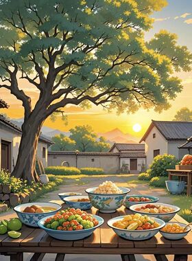 仿真老家的庭院插画香樟