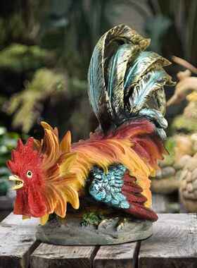 跨境田园庭院花园布置装饰公鸡摆件假山水池鱼池塘造景树脂工艺品