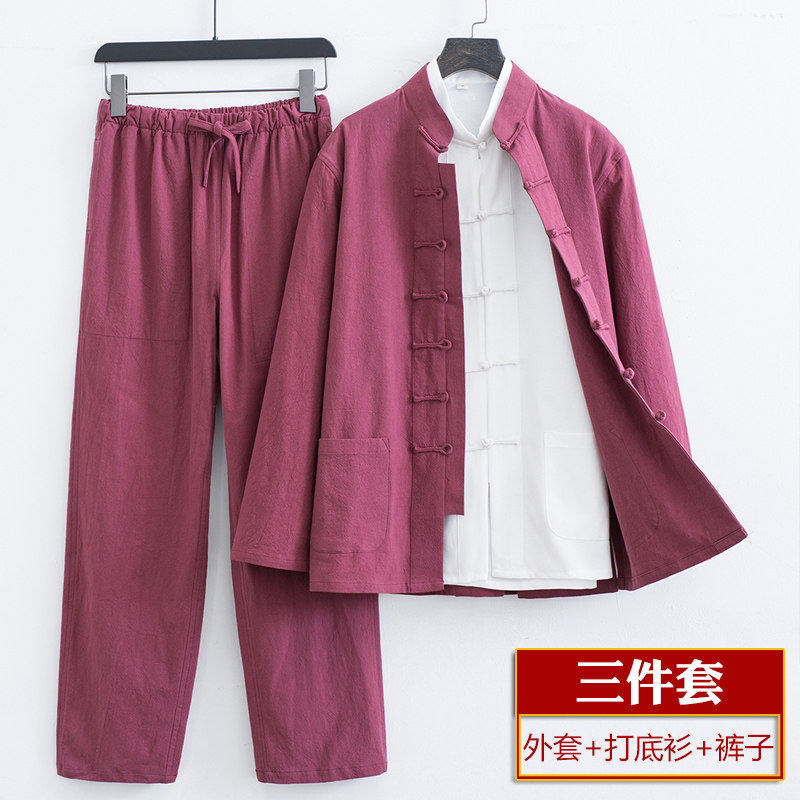 唐装男款棉麻套装三件套中国风男装中式复古盘扣中老年居士服茶服 - 图2