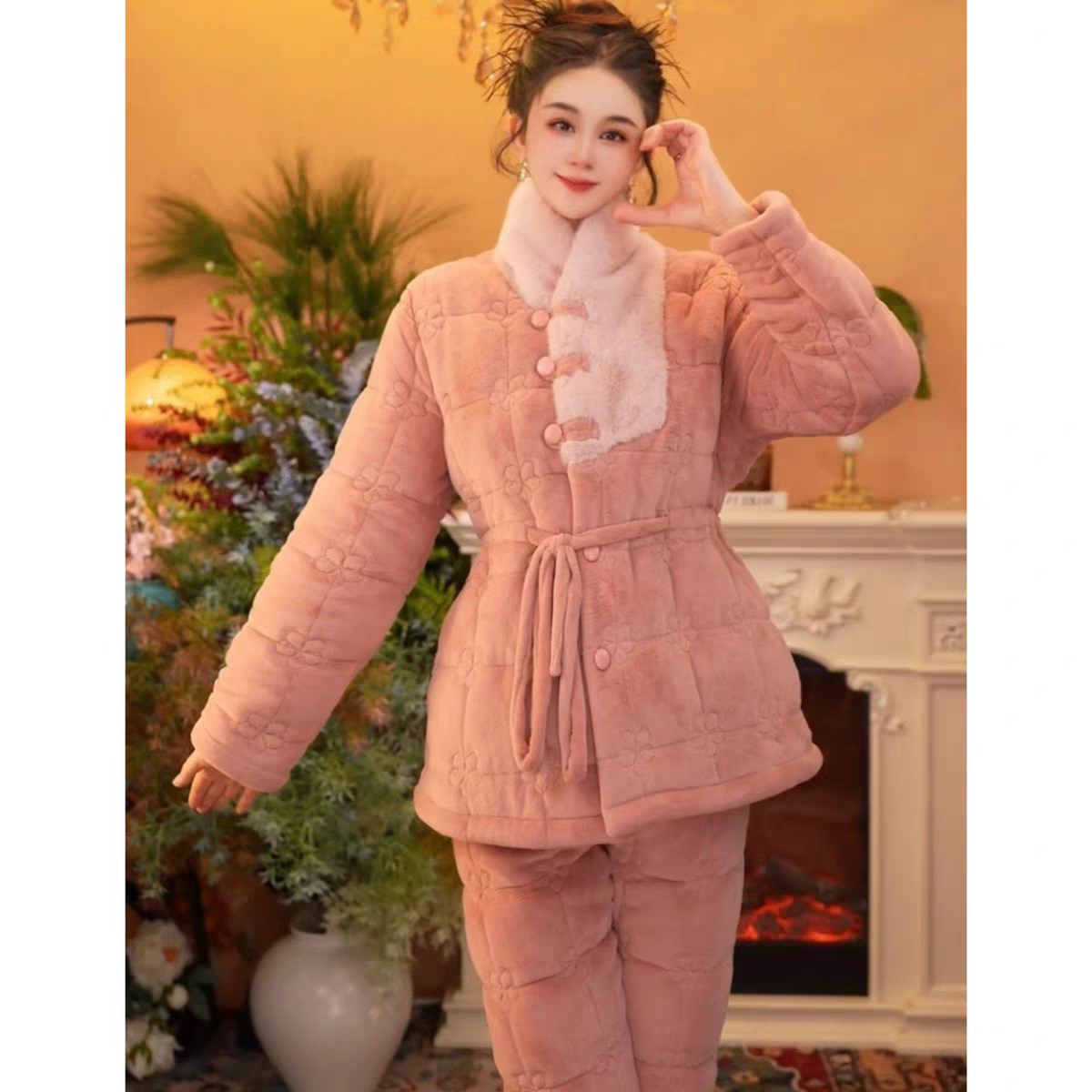 冬季加绒加厚夹棉珊瑚绒睡衣女保暖棉袄女士家居服妈妈套装加大码,淘宝优惠券,粉丝福利购,淘宝优惠卷