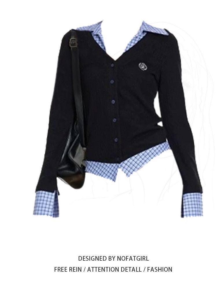 韩系学院风格子拼接衬衫女春秋新款针织衫polo领衬衣收腰绝美上衣,淘宝优惠券,粉丝福利购,淘宝优惠卷