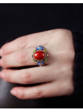 花丝镶嵌戒指做旧烧蓝复古宫廷指环仿泰银手工掐丝戒指送妈妈礼物