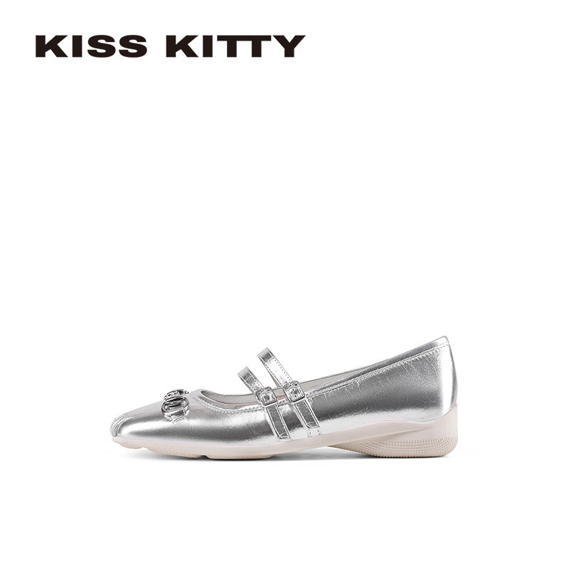 KISSKITTY银色玛丽珍鞋女2026春季新款浅口方头芭蕾舞平底单鞋,淘宝优惠券,粉丝福利购,淘宝优惠卷