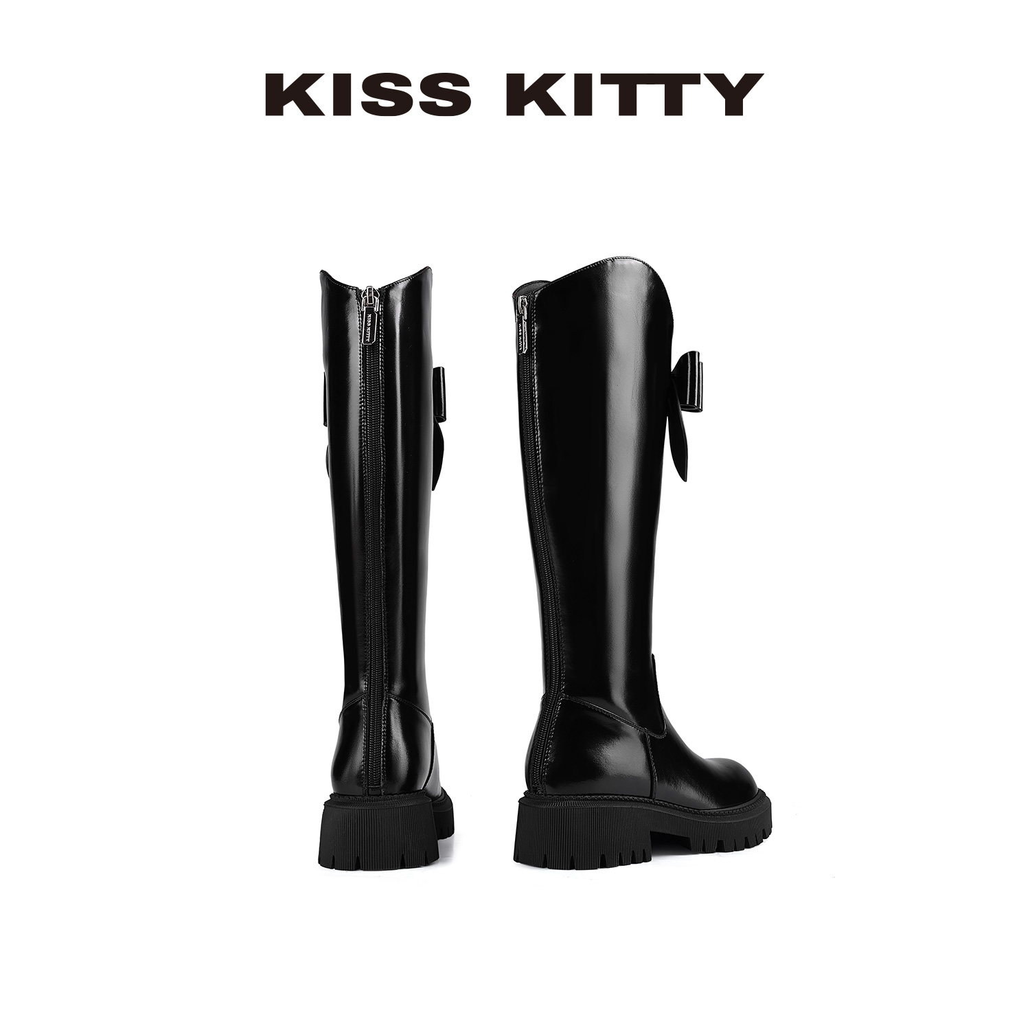 KISSKITTY蝴蝶结长筒皮靴冬季新款高筒靴圆头粗跟厚底增高骑士靴 - 图2