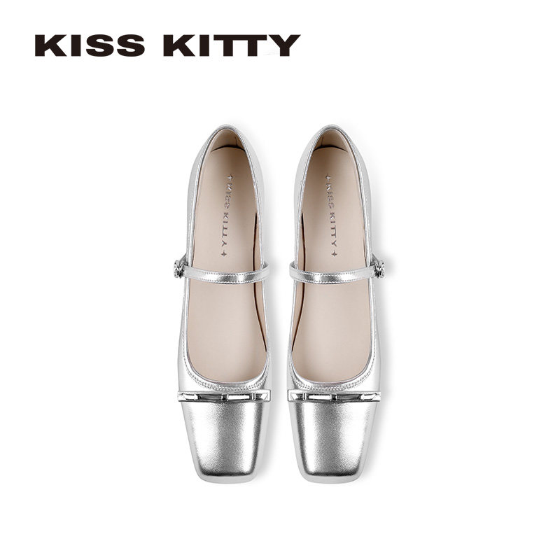 KISSKITTY银色玛丽珍鞋女2026春季低跟芭蕾舞鞋蝴蝶结方头平底鞋,淘宝优惠券,粉丝福利购,淘宝优惠卷