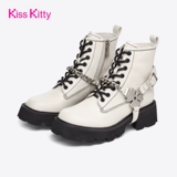 [Kiss Kitty厚底粗跟马丁靴女链条甜酷靴子英伦风机车靴白色短靴子]
