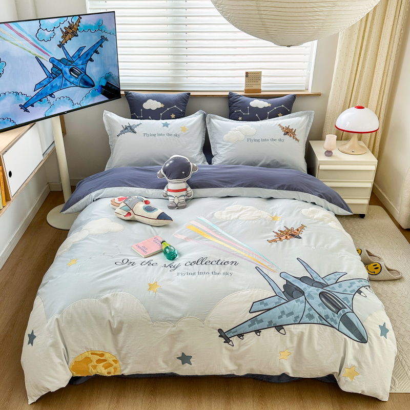 儿童卡通风水洗棉纯棉四件套男孩小飞机刺绣全棉被套床单床上用品,淘宝优惠券,粉丝福利购,淘宝优惠卷