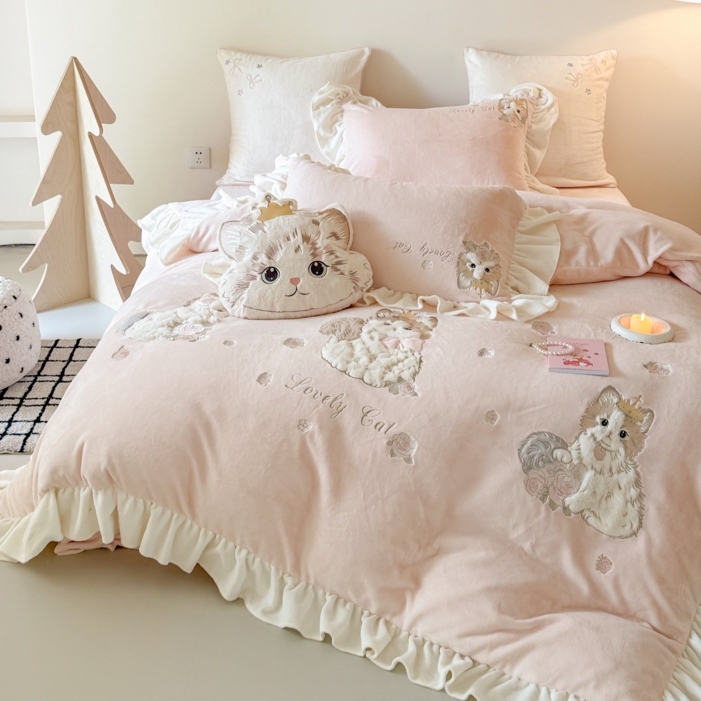 冬季卡通少女猫咪加厚牛奶绒四件套珊瑚绒被套床单公主风床上用品,淘宝优惠券,粉丝福利购,淘宝优惠卷