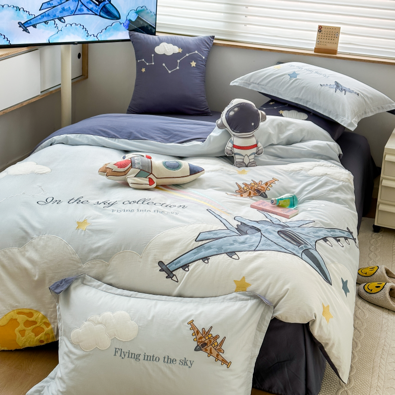 儿童卡通风水洗棉纯棉四件套男孩小飞机刺绣全棉被套床单床上用品,淘宝优惠券,粉丝福利购,淘宝优惠卷