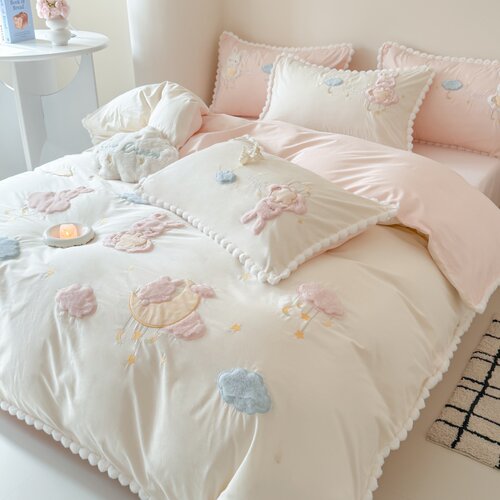 可爱云朵纯棉水洗棉四件套公主风全棉被套少女儿童小清新床上用品 - 图0