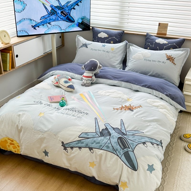 儿童卡通风水洗棉纯棉四件套男孩小飞机刺绣全棉被套床单床上用品,淘宝优惠券,粉丝福利购,淘宝优惠卷