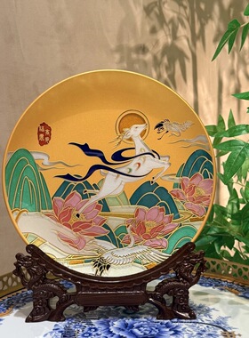 【ZC·宗宸家居】神鹿仙鹤低温珐琅赏盘敦煌壁画玄关摆件商务送礼