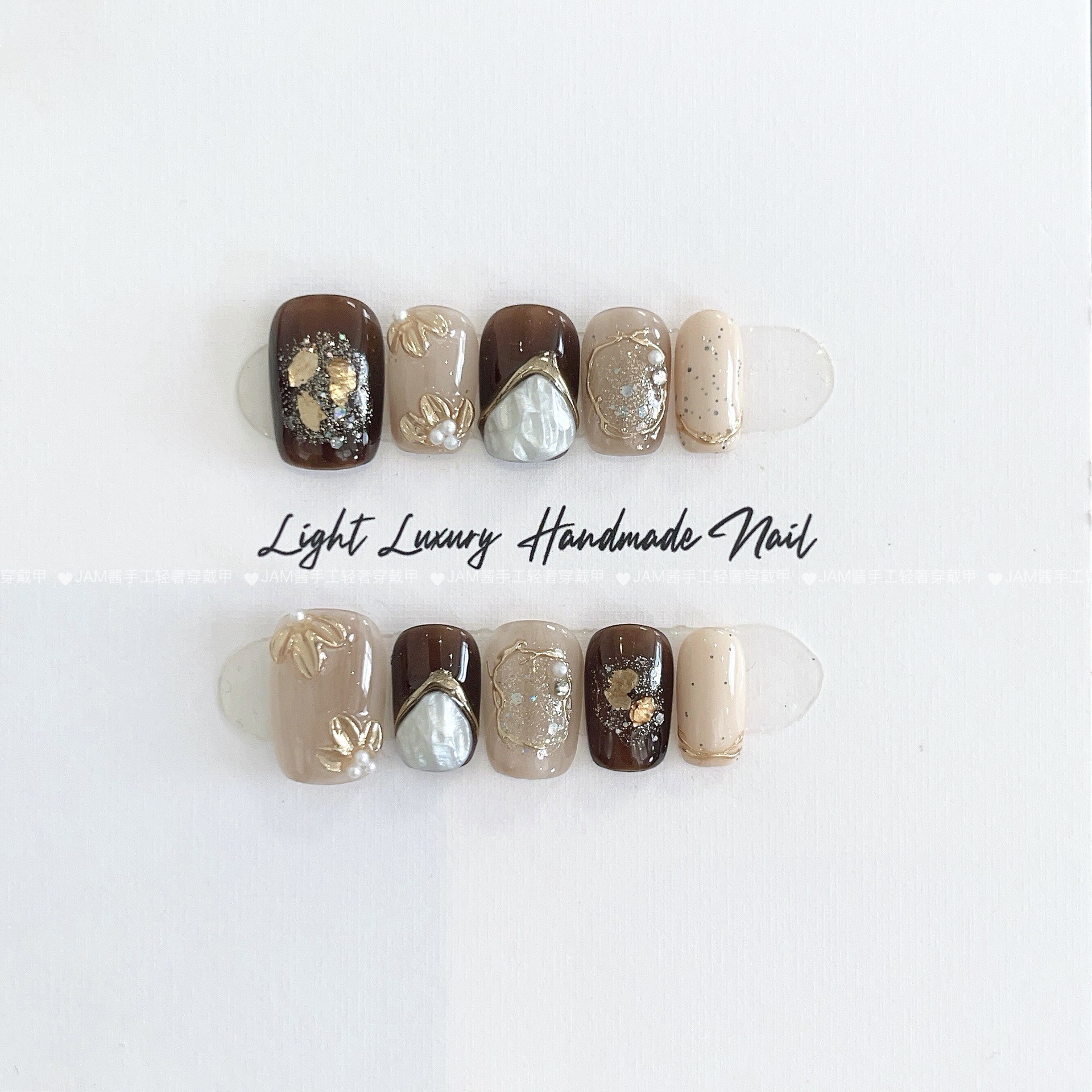 巴洛克 新款纯手工穿戴甲短款金属雕花晕染穿戴美甲贴高级感显白,淘宝优惠券,粉丝福利购,淘宝优惠卷