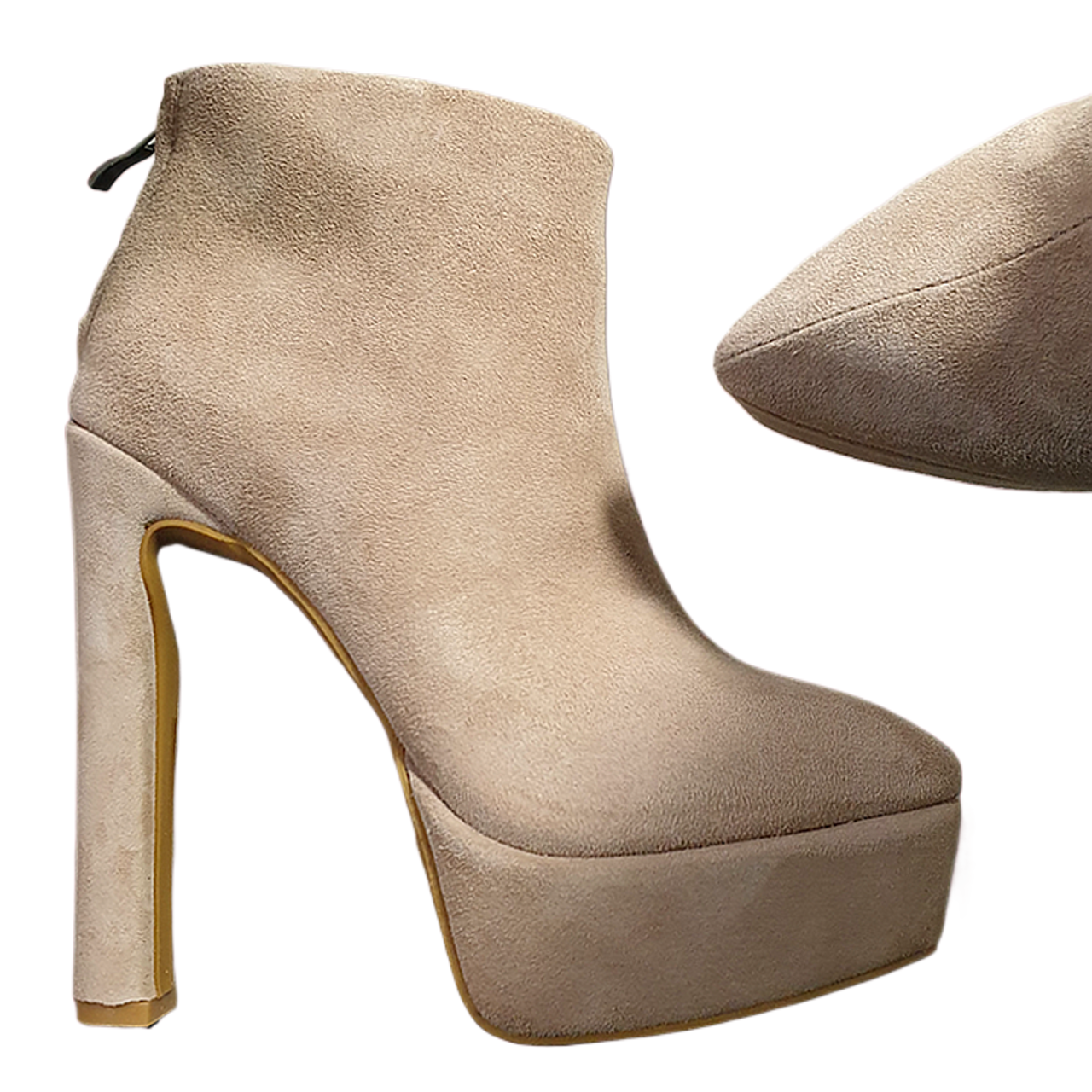 14CM羊猄绒粗跟尖头女短靴高跟咖色卡其色防水台时装靴33码高级感 - 图3