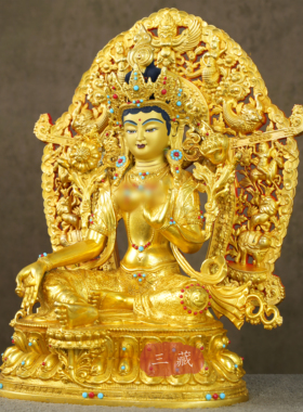 藏传纯铜鎏金绿度母佛像8寸25cm