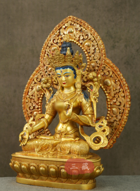 藏传铜鎏金佛像白度母带背光摆件