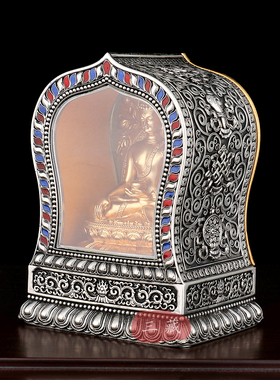 藏传纯铜鎏银八吉祥小佛像佛龛