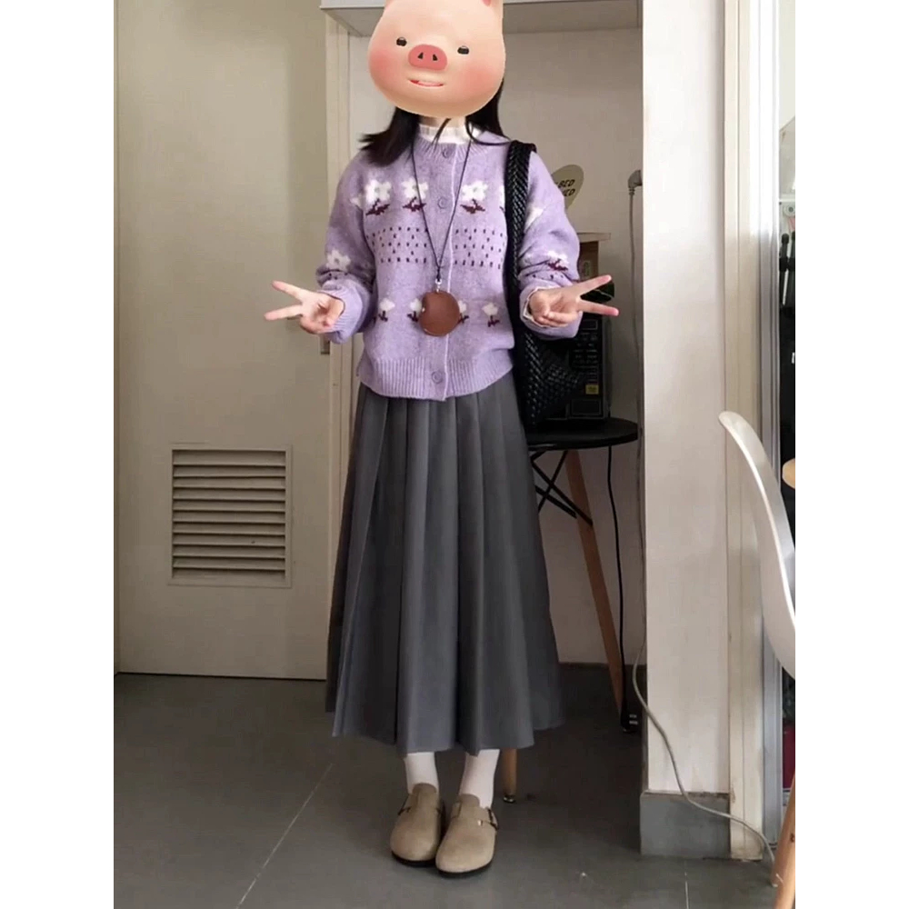 韩系清纯白月光穿搭套装女秋冬浅紫色提花毛衣开衫 - 图1