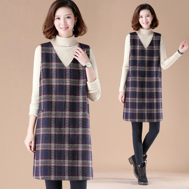 九月陌墨 2019春季新款女装格子毛呢背心连衣裙 韩版宽松休闲裙子