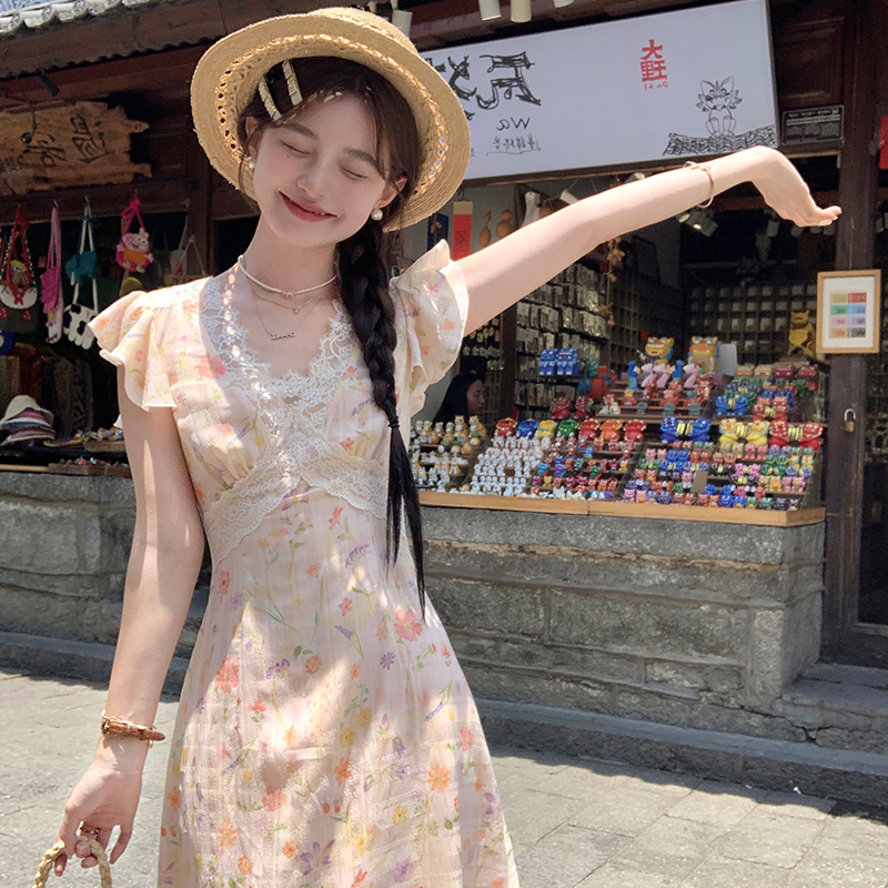Acaine洋甘菊夏日/蕾丝V领碎花吊带连衣裙女夏季法式复古气质裙子 - 图2