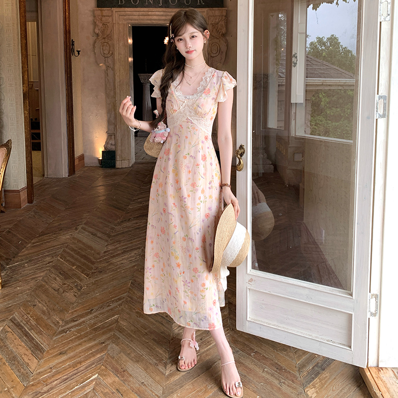 Acaine洋甘菊夏日/蕾丝V领碎花吊带连衣裙女夏季法式复古气质裙子 - 图3