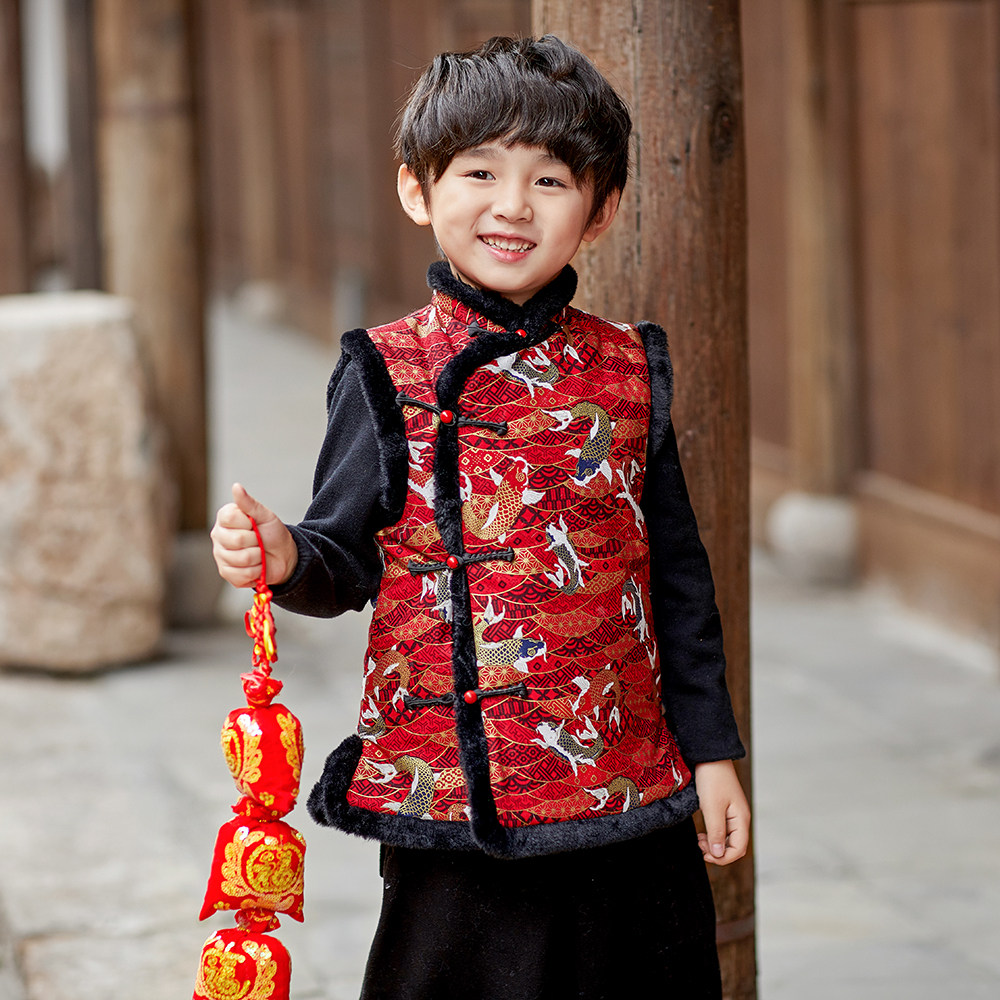 儿童唐装马甲男童冬季厚坎肩宝宝保暖汉服中式纯棉走秀复古新年装