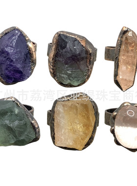 跨境复古风天然原石紫黄白晶萤石不定形开口可调节时尚欧美戒指